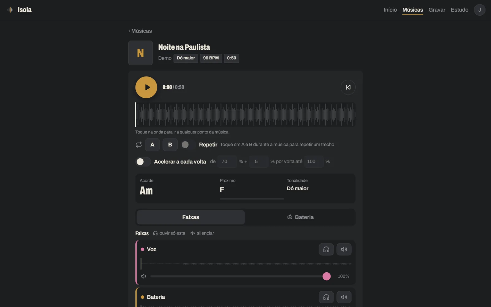 Player com waveform, loop A–B e acorde atual
