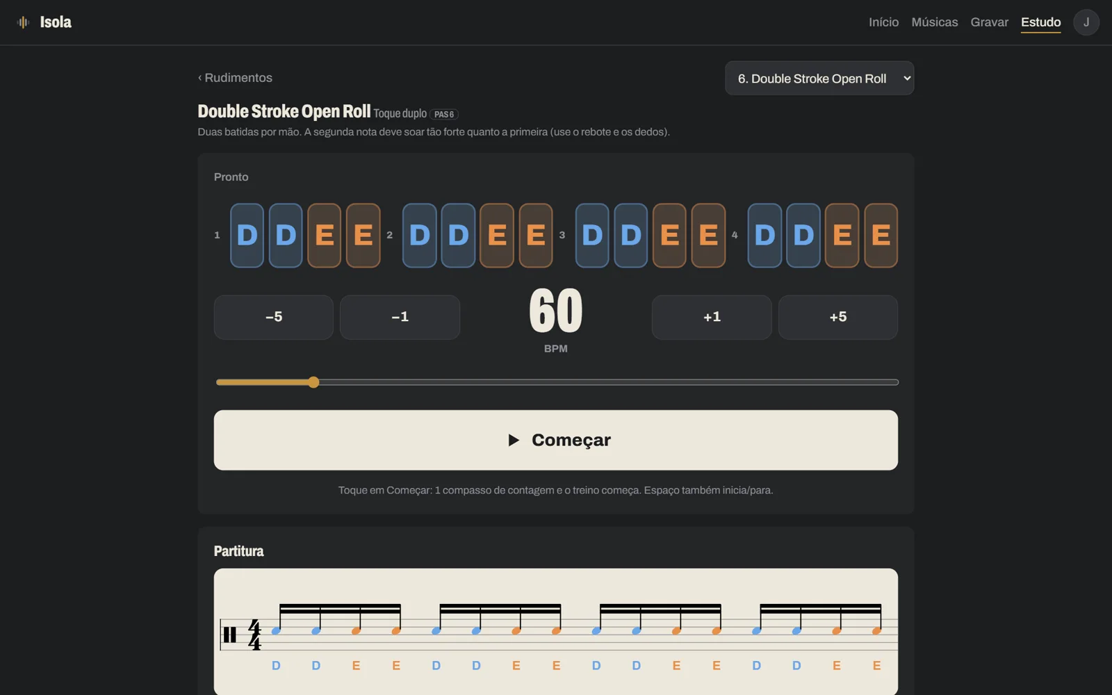 Rudimento com manulação e partitura