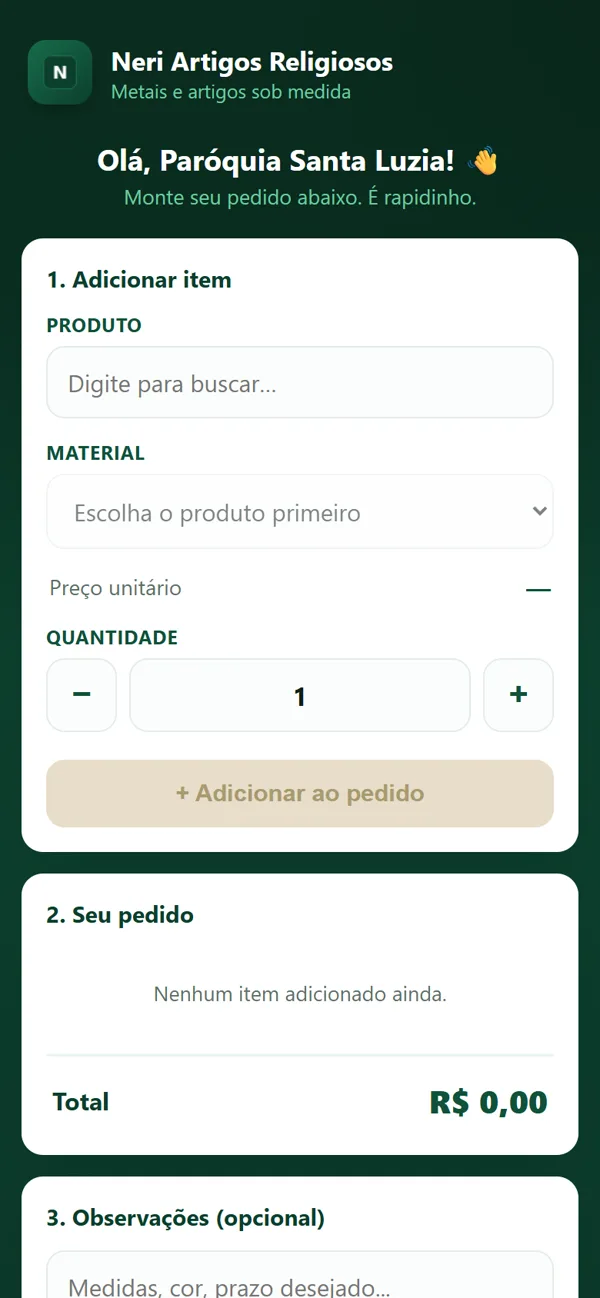 Página de pedido do cliente no celular