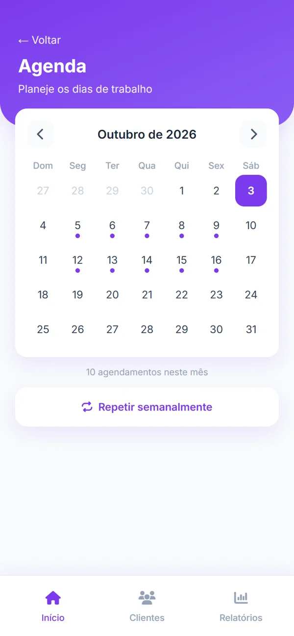 Agenda do mês com dias de trabalho marcados