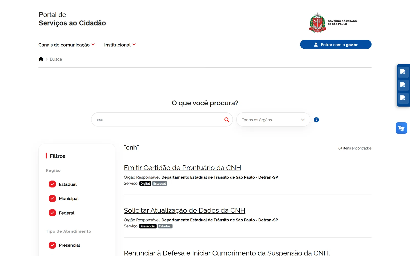 Busca com filtros por região e tipo de atendimento