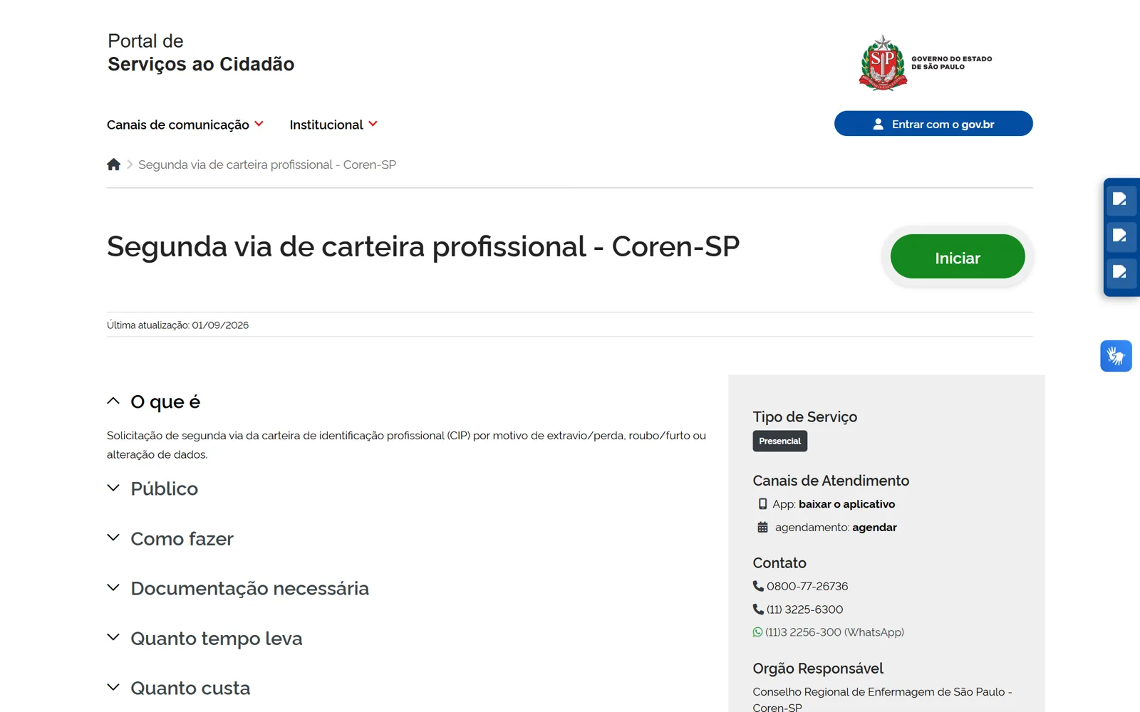 Carta de serviço com informações padronizadas