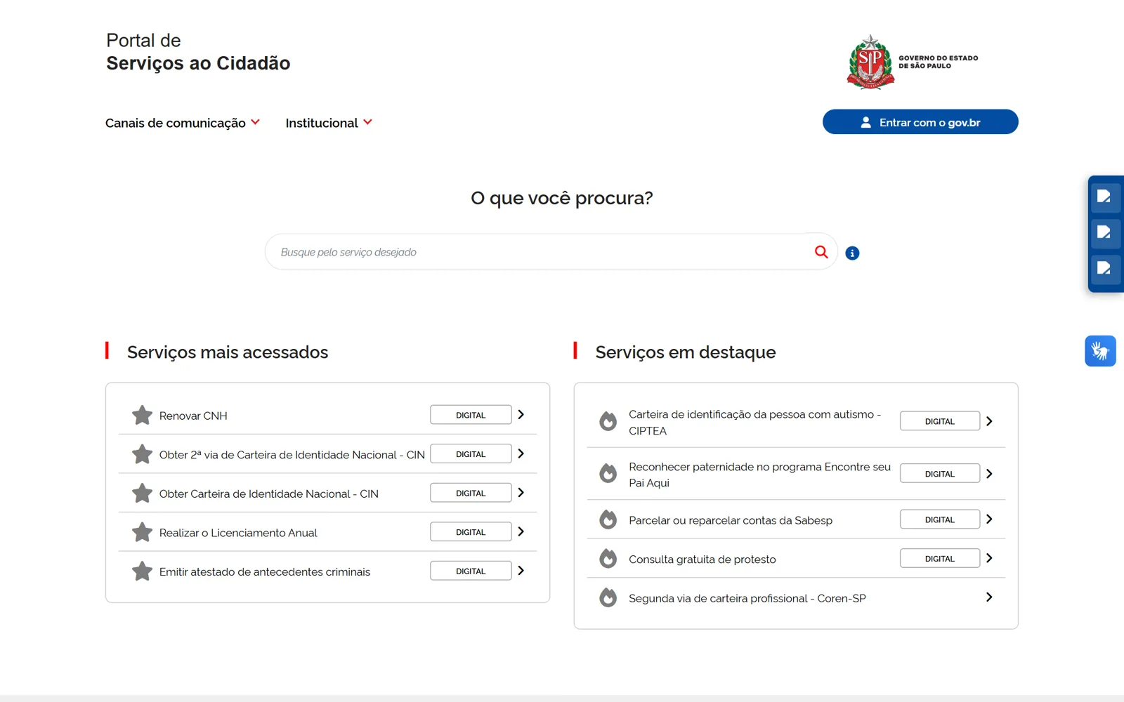 Página inicial do Portal de Serviços com busca e serviços mais acessados